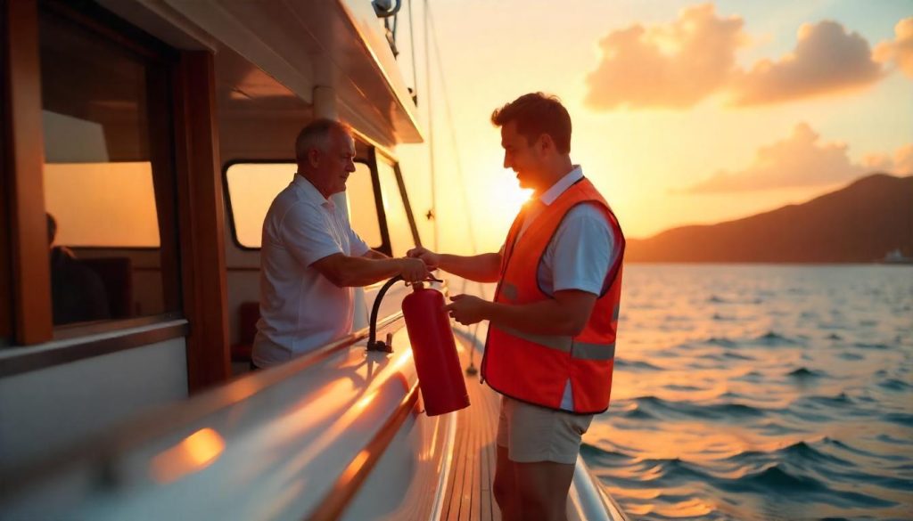 Guest learning fire safety during yachting safety tips in Marigot.
